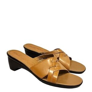 Clarks‎ | Leather Cross Strap Slide Wedge Sandals in Tan/Brown 10